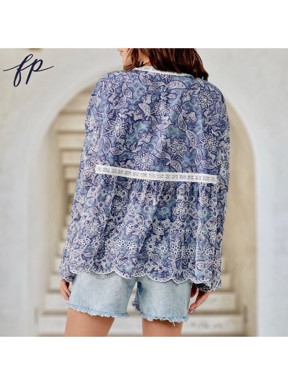 FREE PEOPLE NWT Anissa Floral-Print Eyelet/Embroidered Tie-Front Bed Jacket/Lg - Picture 7 of 14